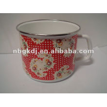 enamel milk mug with PP lid and SS rim